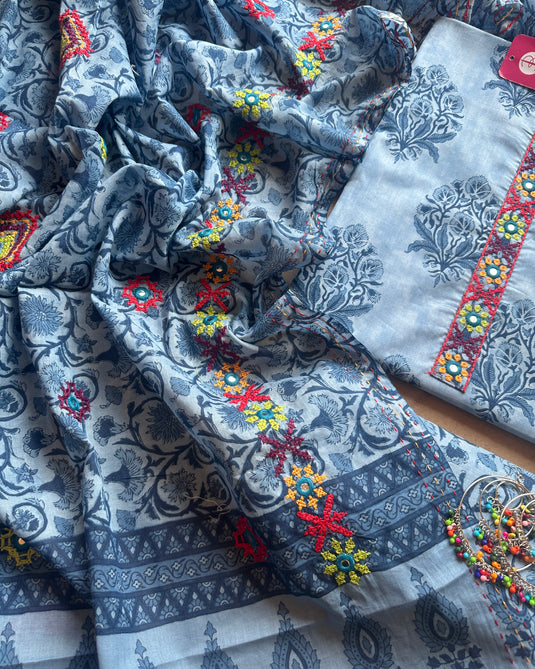 Indigo block print pure cotton suit with Kutch work dupatta