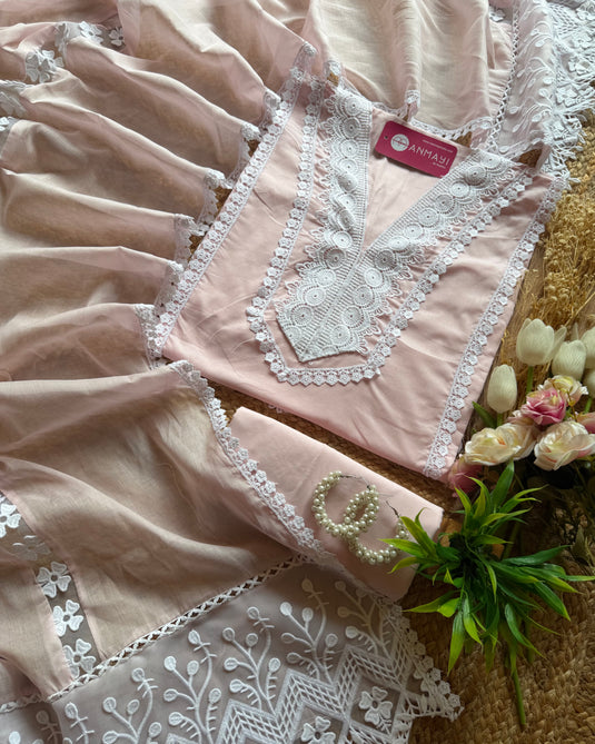 Pakistani cotton lace detail suit with organza patch