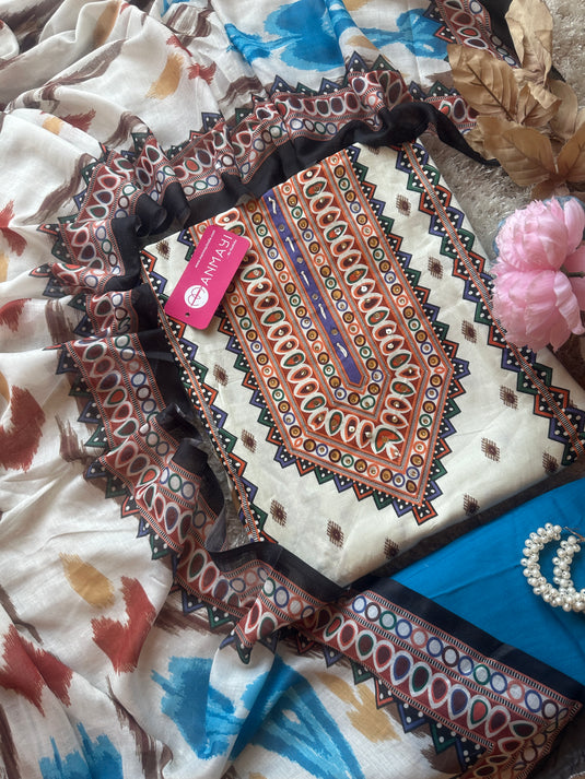 Muslin cotton Ikkat print suit set with rayon bottoms