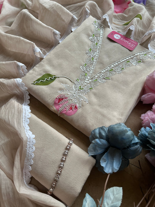 Handpaint beige base pearl work mul Chanderi suit set