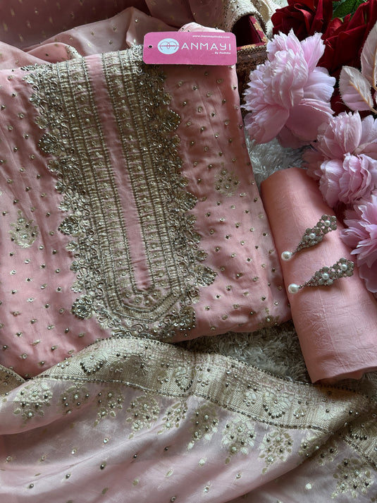 Hand embroidered pure organza banarasi suit set