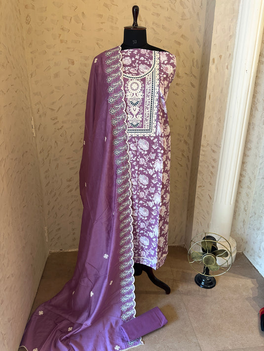 Printed cambric cotton white Dori work suit set