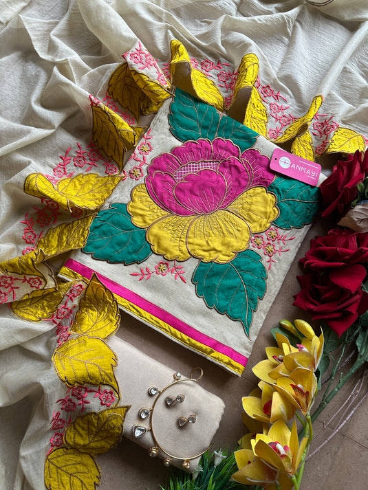 Appliqué work pure mul chanderi suit with cutwork dupatta