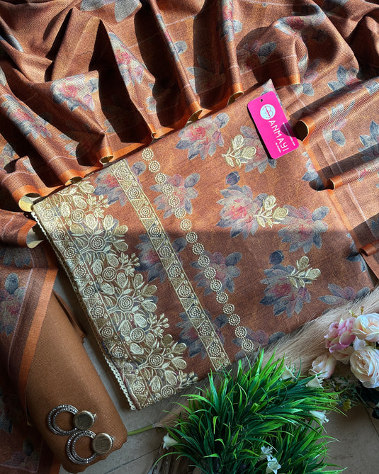 Spun Pashmina lotus print suit set with thread work