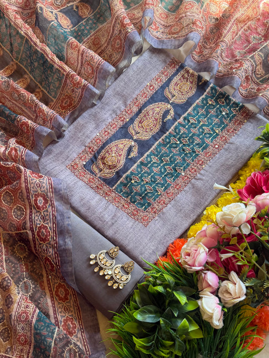 Kairi print Chanderi suit set with Kantha work dupatta