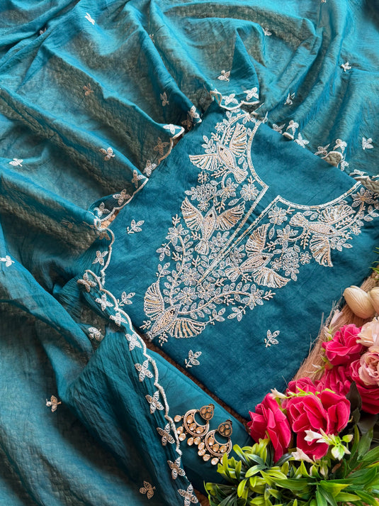 Flying bird pearl work Mul Chanderi suit set