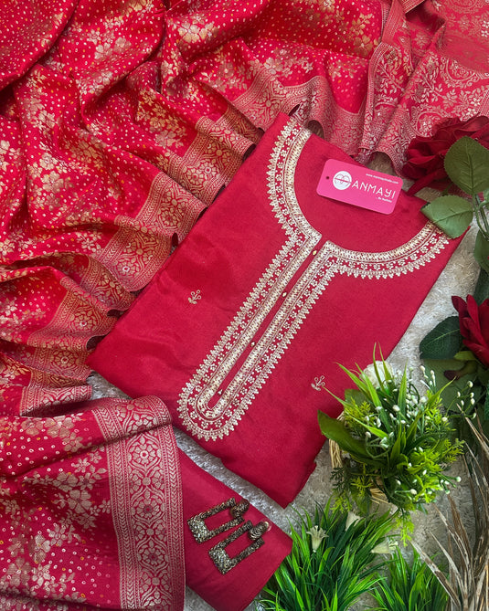 Raw silk achkan neck suit with bandhani Banarasi dupatta