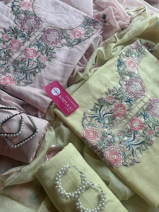 Parsi work Mul Chanderi suit set