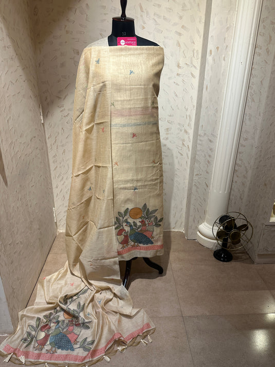 Golden peacocks Jamdani Chanderi silk suit