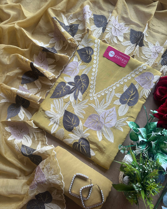 Mul Chanderi leafy embroidered suit set