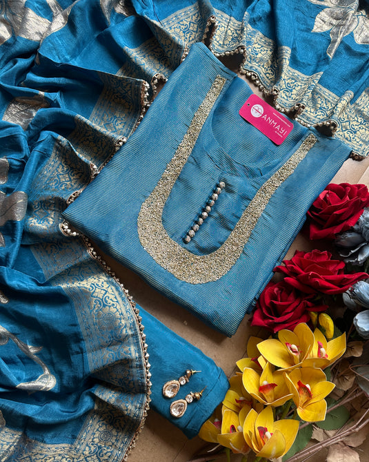 Shimmer lines cutwork u neck with potli buttons and jacquard dupatta