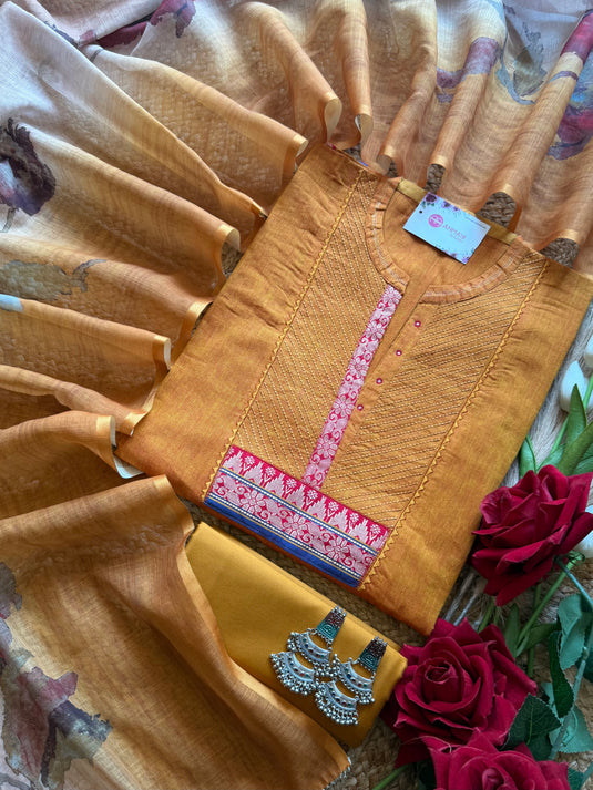Handloom cotton shirt neck with brocade suit set