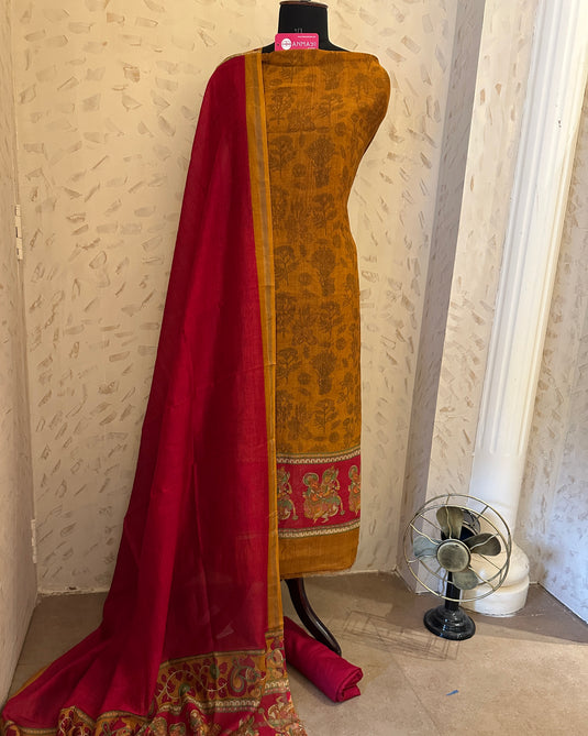 Goddess print border pure Maheshwari combination suit set