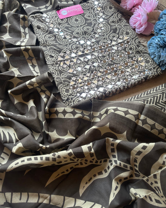 Printed cambric cotton suit with real mirror work