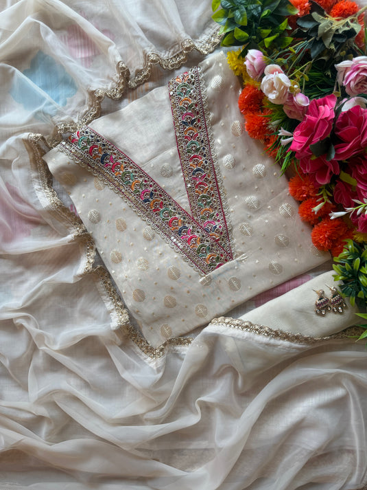 Soft shimmer georgette ivory jacquard work suit set