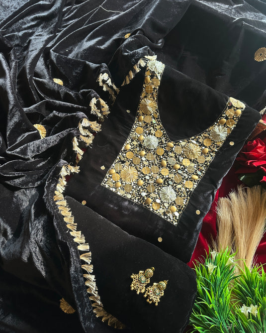 Velvet gotta Kinari suit set with fringe lace dupatta