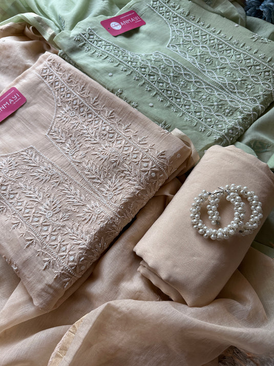 Pastel pure Mul suit set with Chikankari pearl work