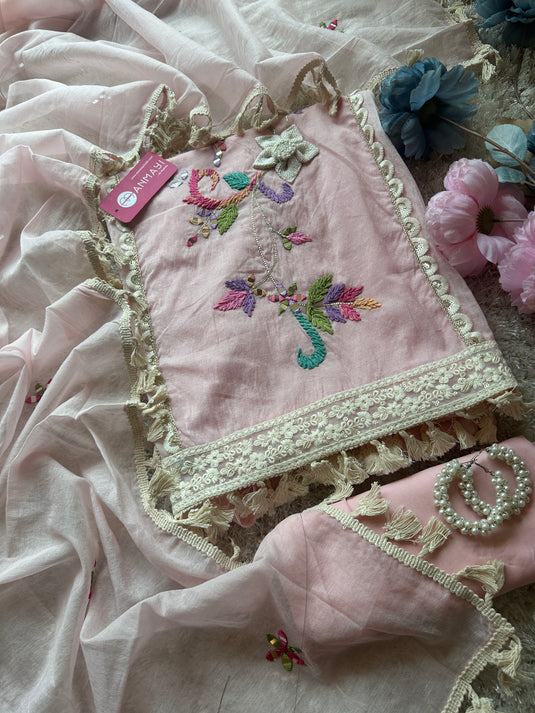 Wool mirror work Mul Chanderi sets with tassel dupatta