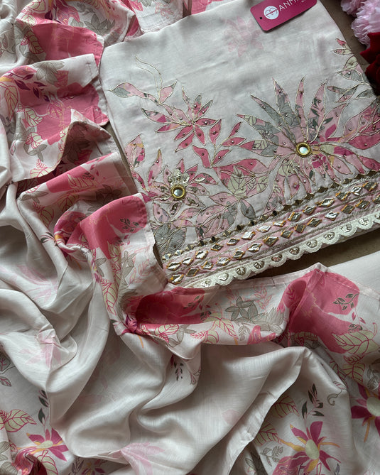 Pink printed muslin gotta work semi stitched suit set