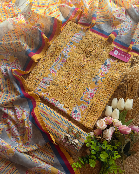 Pakistani crochet persian printed cotton suit set