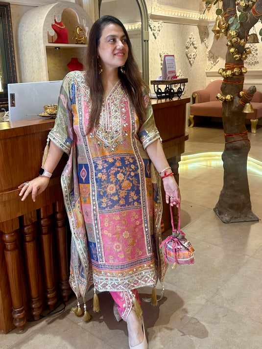 Sabyasachi shimmer Crepe gotta mirror work kaftan with embroidered tulip pants