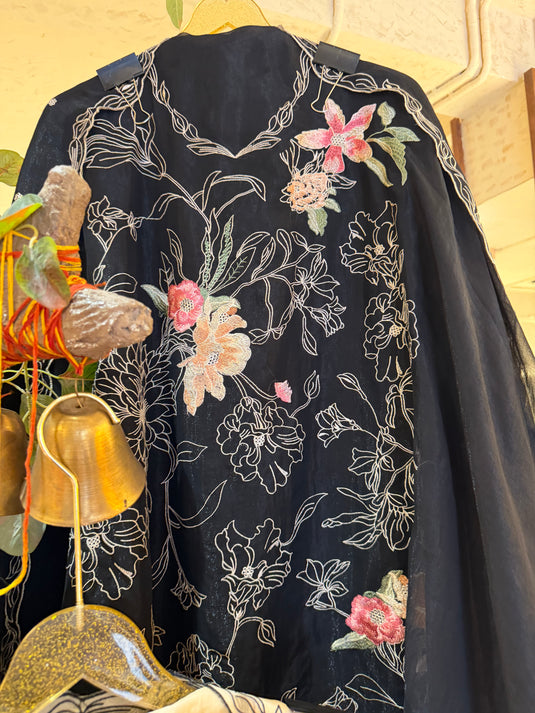 Organza Pakistani suit set with machine embroidered work and shimmer effect