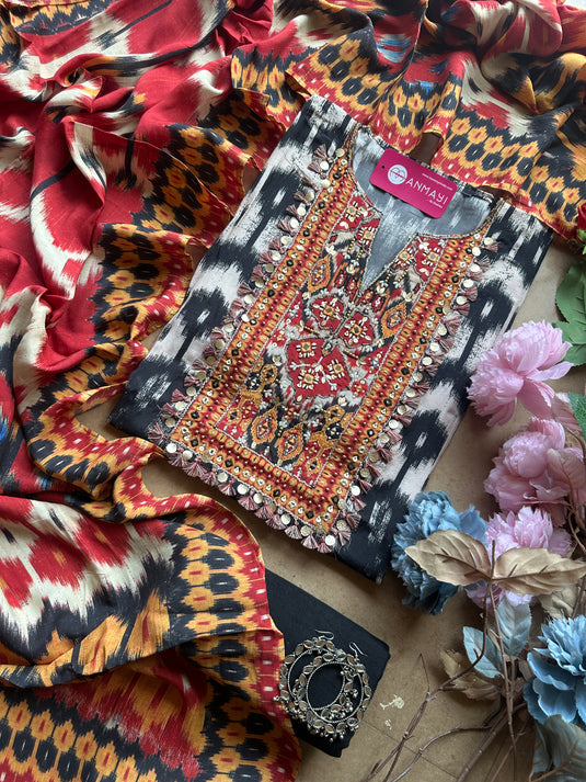 Ikkat print muslin suit set with coin work neck