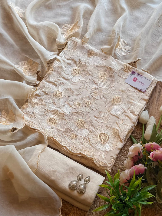 Organza all over floral self work suit set