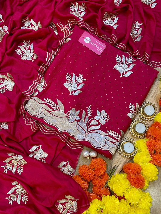 Soft Chanderi Silk suit set with mukaish and pita work