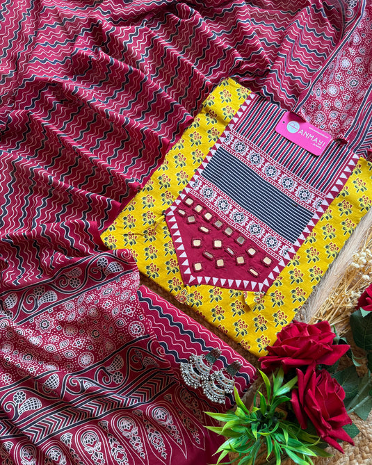 Banjara patched mirror neck suit set with Ajrakh print