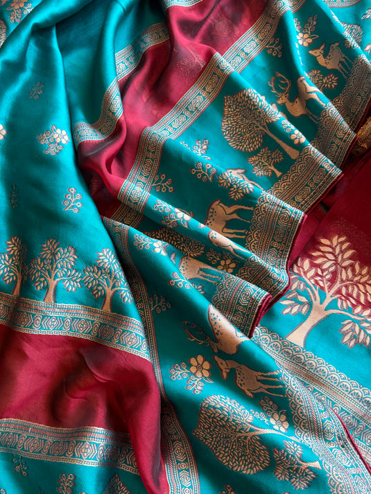 Ferozi Maroon combination forest design taffeta silk suit set