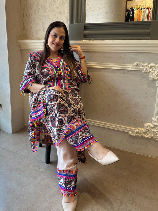 Farshi Salwar pure crepe ajrakh print stitched choga style set with potli