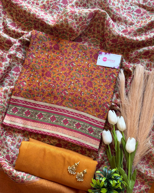 Pure Maheshwari Silk Kani Print Combination Suit Set