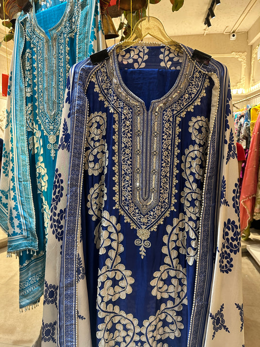 Floral patterned pearl highlight raw silk suit set