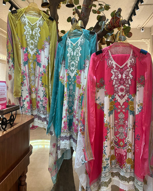 Pakistani style muslin cotton suit set with cotton dupatta