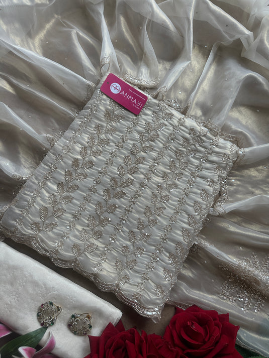 Hand embroidered cutdana work shimmer organza suit set