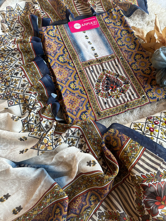 Arabic print cambric cotton suit set with embroidered bottom