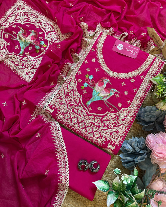Parrot paradise embroidered cotton suit set