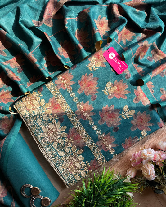 Spun Pashmina lotus print suit set with thread work