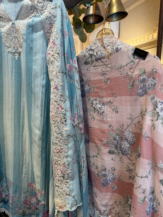 Stripy pure Mul pastel suit set with Dori weave and floral dupatta