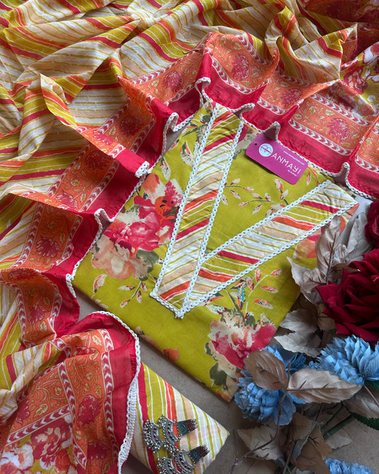 V neck printed floral suit set with print cotton salwar