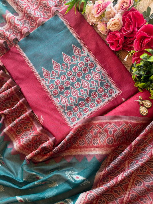 Chanderi silk boho print pita highlights suit set
