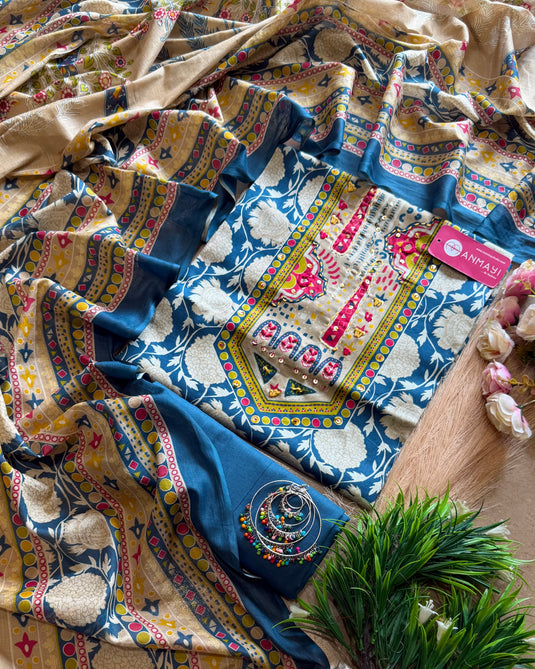 Soft jaam cotton printed kantha neck suit set