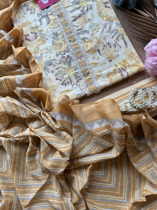 Printed lemon Mul cotton suit with Mul dupatta