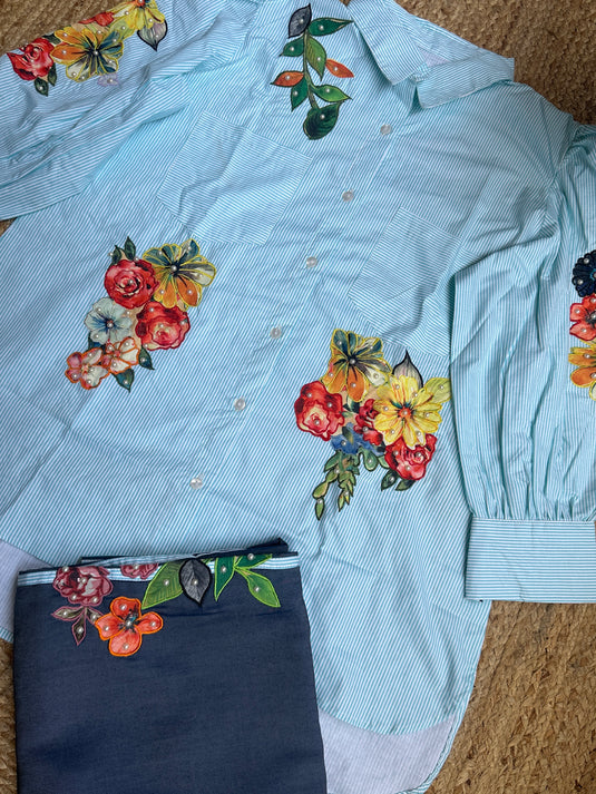 Stripy high low pattern patch pearl detailed coord set with denim bottoms