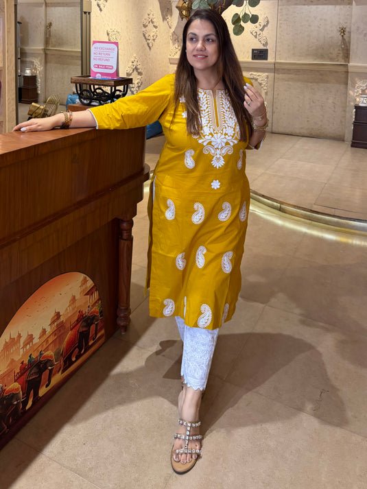 Chikankari neck cotton suit set with Hakooba bottom and dupatta