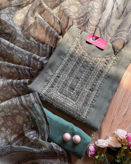 Shimmer linen floral french knot work suit set