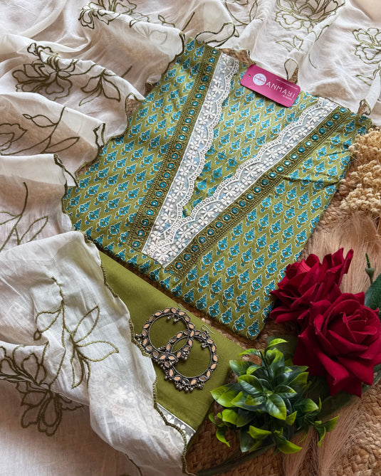 Printed Cambric cotton crochet V neck suit set with embroidered dupatta