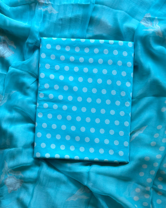 Soft cotton polka dots suit with chiffon block print dupatta