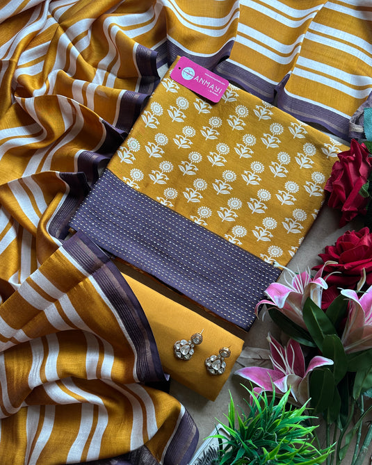 Pure Modals block print suit set with stripes dupatta and cotton bottom